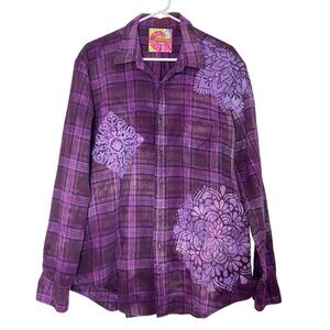 Handmade Floral Flannel Shirt Mens Size XL Purple Plaid Button Down Upcycled